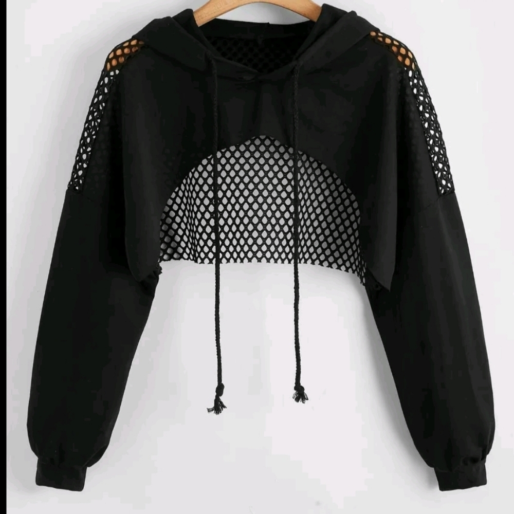 Black Mesh Hoodie Top